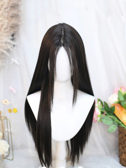 Black Tea Under Bust Length Straight Wig with Curtain Bangs