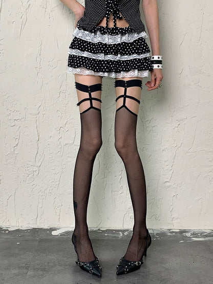 Schwarz/Rote Punk Overknee Strümpfe Nieten Halbtransparent Y2K