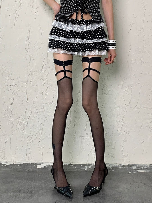 Schwarz/Rote Punk Overknee Strümpfe Nieten Halbtransparent Y2K