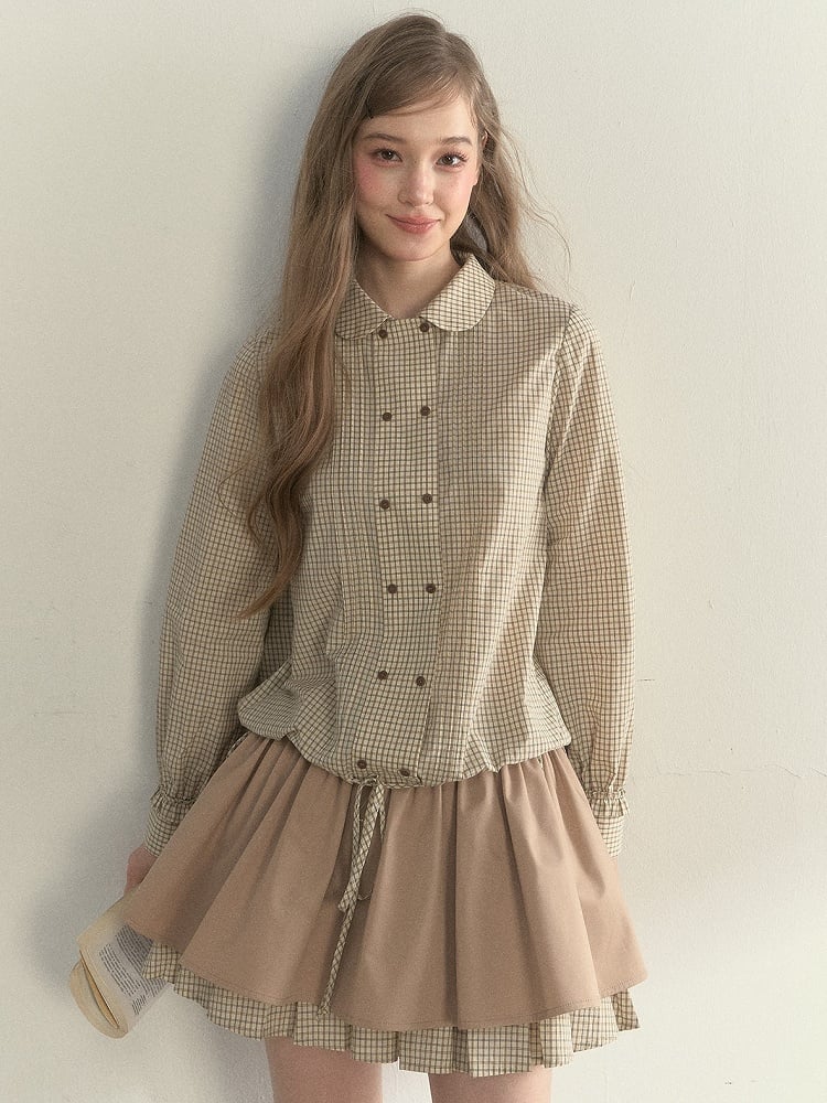 Khaki Drawstring Plaid Vintage Double-breasted Shirt