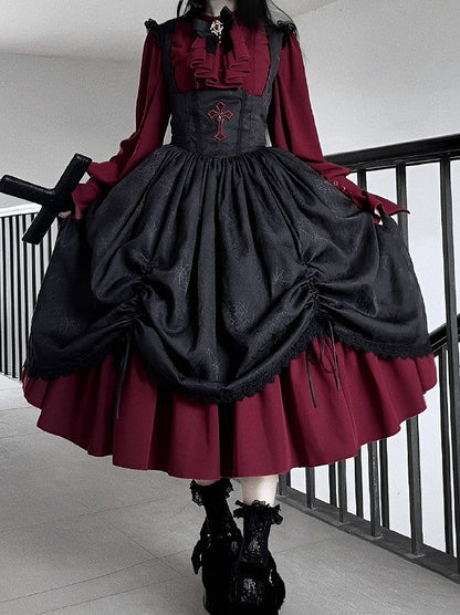 Drawstring Gothic with Dress Straps Shoulder Lace-Trimmed Waist Cross Black Embroidery Basque Lolita JSK and