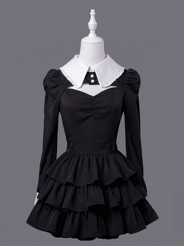 Black White Jirai Kei Collared Tiered Ruffle Dress Shorts Set - Fluffy Heart