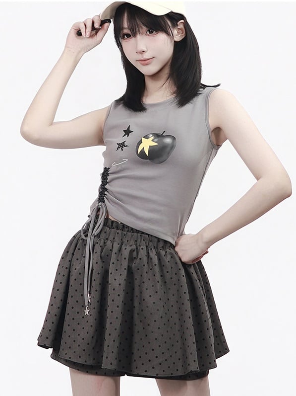 Gray Star Apple Print Tank Top with Drawstring - PINK SAVIOR