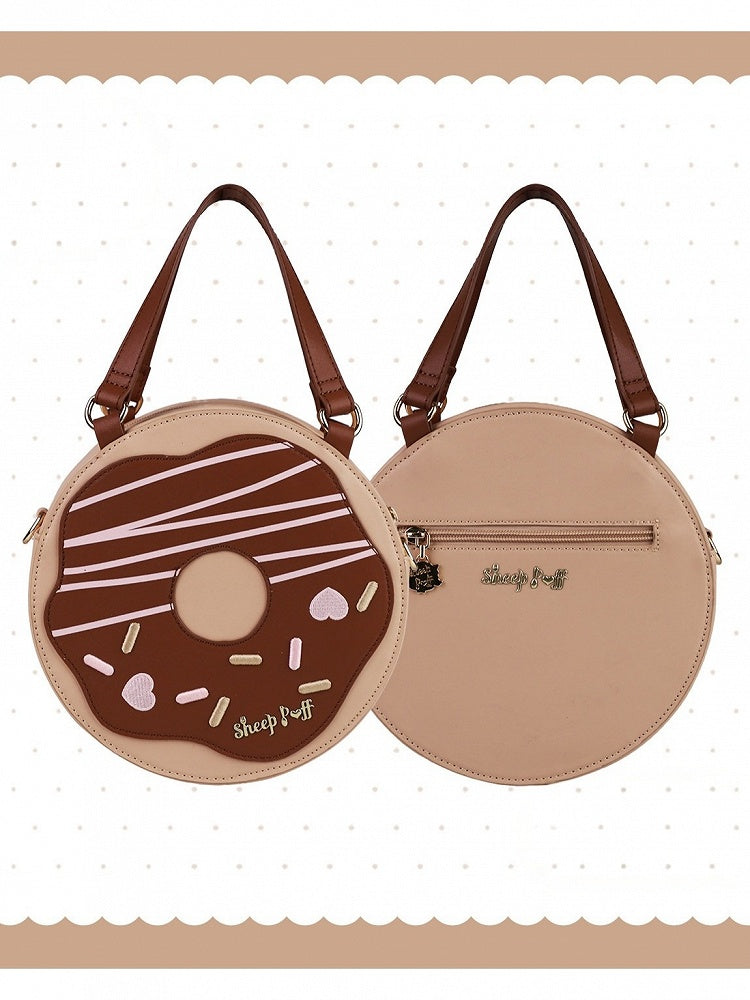 Chocolate Donut Round Lolita Bag with Crossbody Strap and Top Handle - Sheep Puff Bag