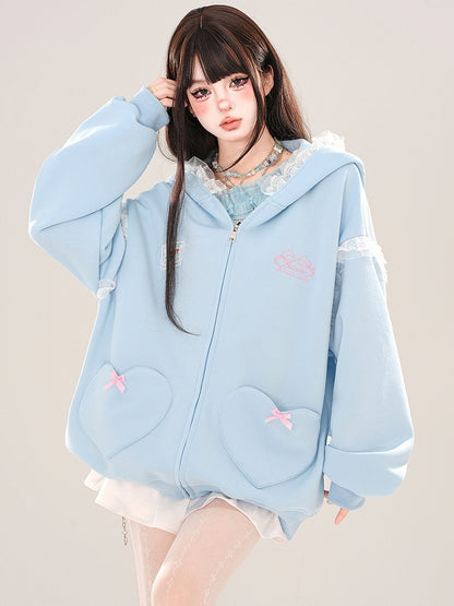 Blau/Apricot – Kapuzenjacke mit Spitzenbesatz und Hasenohren