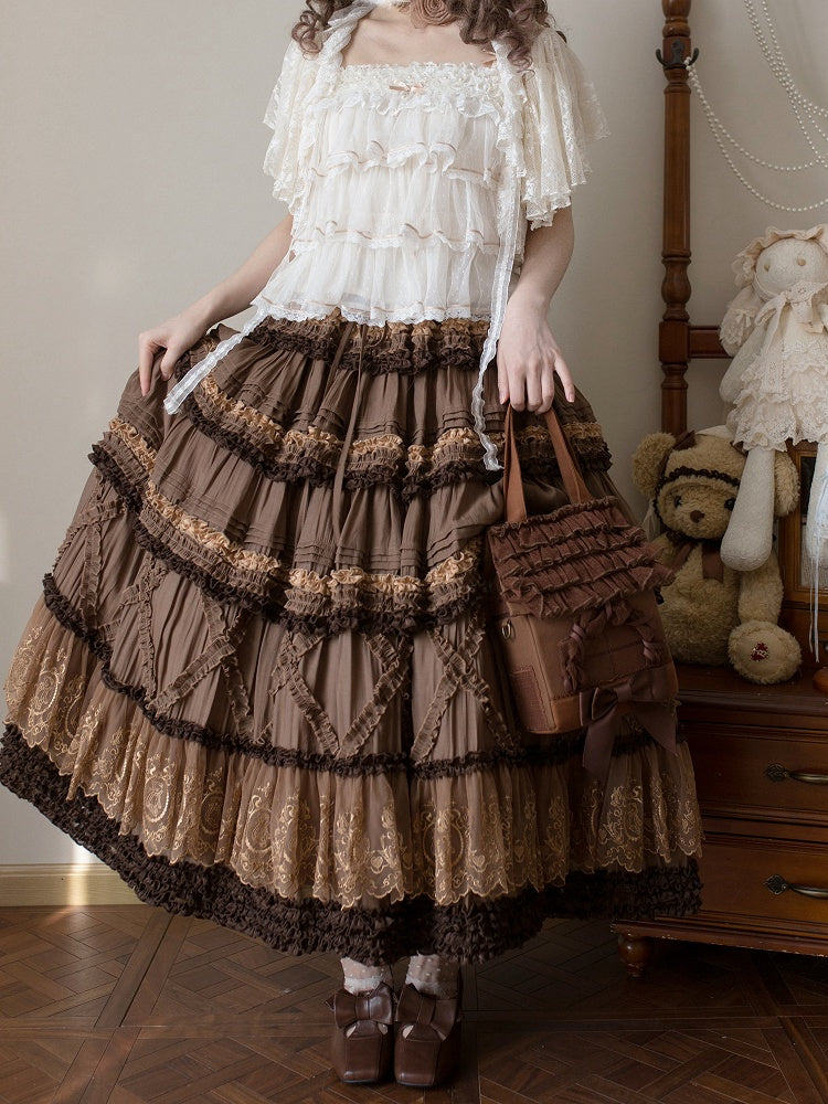 Skirt Teddy Details Embroidery Pink Coffee Fashion House Lolita