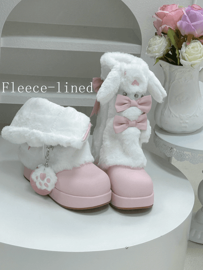Winter Studded Edgy Ear Bunny Boots Regular Platform Sweet / Version Pink Fleece-Lined
