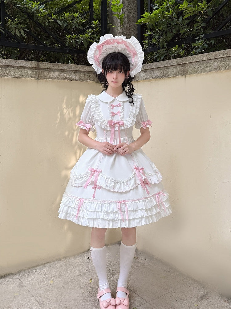Sweet Short Sleeve Peter Pan Collar Lolita OP with Bow Accents in Pink & White - MUYU