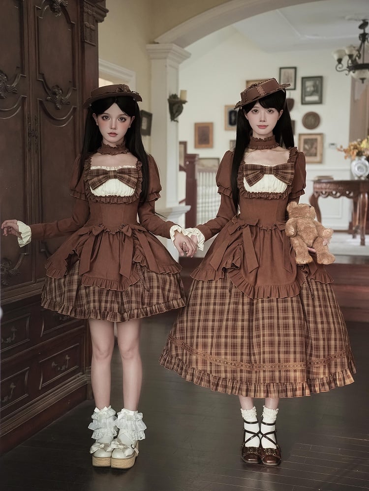 Neckline Lollita Plaid Square Long Dress Elegant Coffee Version Classic