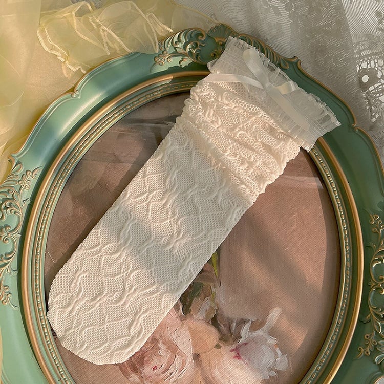 Decoration Yellow/Black Lace 3D Bow and Ruffled Trim White/Light Calf Socks with