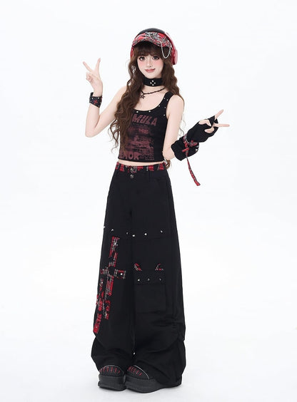 黒と赤のチェック柄スタッズワイドレッグパンツの詳細