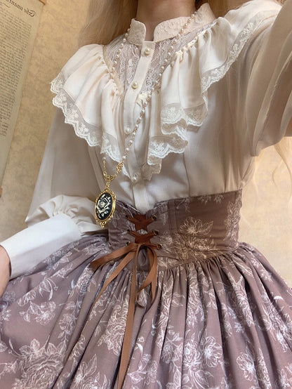 Brown & White Rosette Print Boned High Waist Elegant Classic Lolita Skirt with Lace Trim
