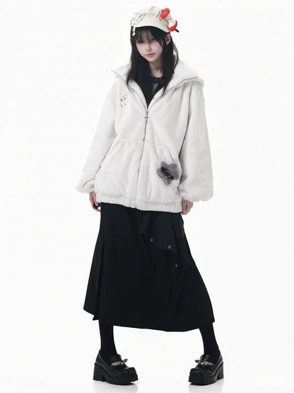 Hooded with Bear Ear Plush Embroidery Black/White Buckle Strap and Lined Pin Accents Coat