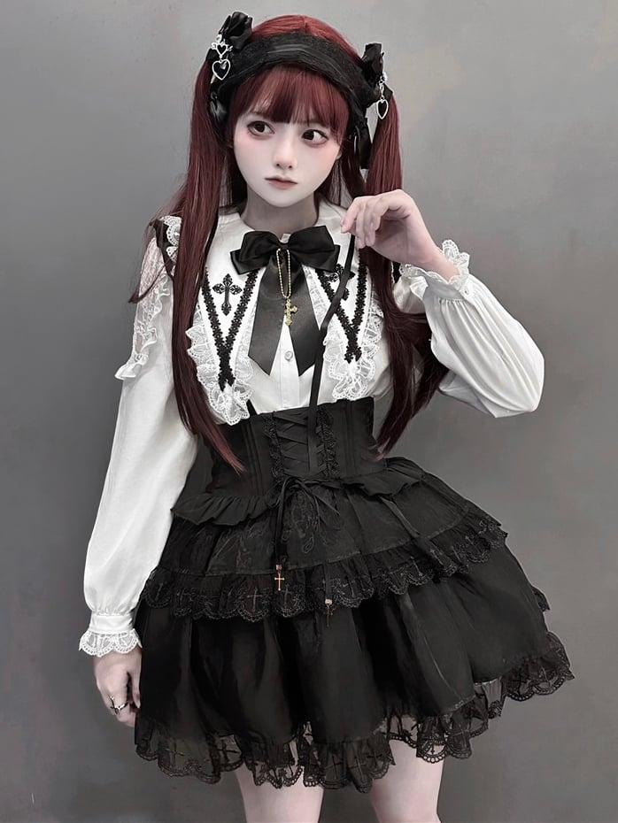 Jirai Kei – Schwarzes Tüllrock-Overallkleid mit Schnürung und hoher Taille, Landmine