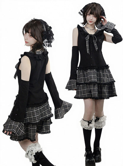 Black Fake Two-Piece Halter Top with Plaid Ties - PINK SAVIOR