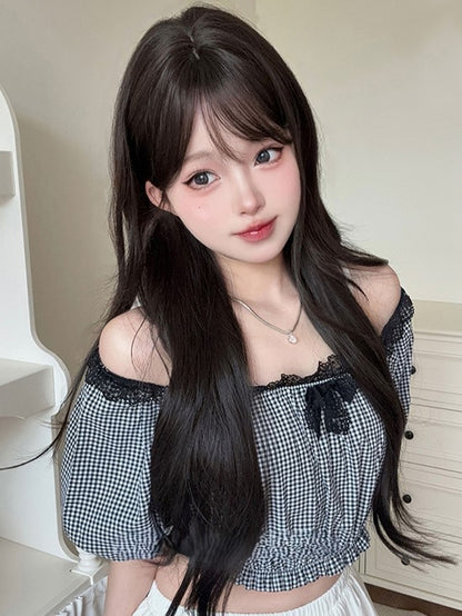Black With Curtain 73CM Tea Wig Wavy Bangs Length