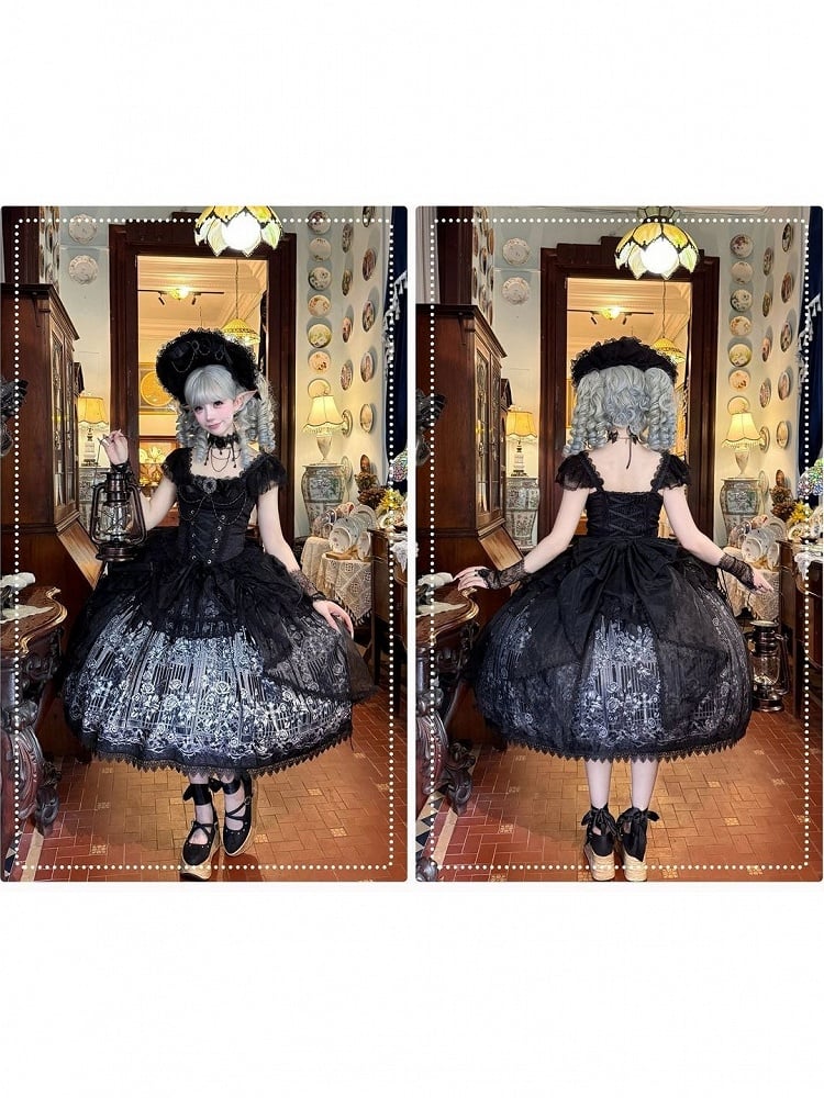 Gothic Black Square Neck Lace Trim JSK Dress - Miss Han