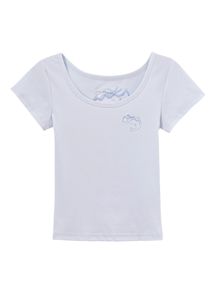 Dolphin-shaped Cutout Back Blue Scoop Neckline T-shirt