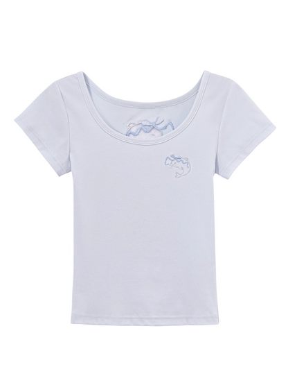 Dolphin-shaped Cutout Back Blue Scoop Neckline T-shirt