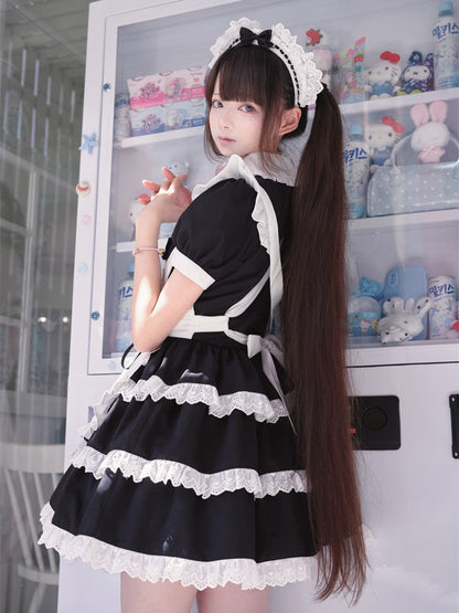 Maid Jirai-Kei Black White Tiered Dress Lace Trim Short Sleeve - Puppet Bombs