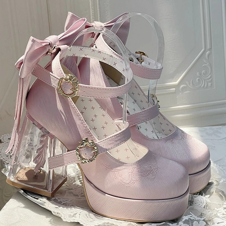 Pink Koi Fish Charm High Block Heel Satin Platform Mary Janes with Detachable Bowknot - Floating Dream Realm
