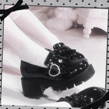 Black Chunky Platform Loafers with Beaded Sweetheart - Sarina