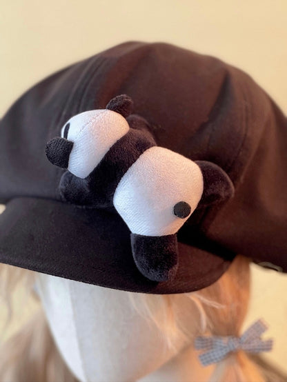Beret Embellished Panda Plush Black