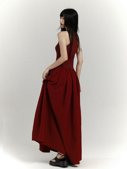 Gothic Wine Red High Waist Cross Print Sleeveless Dress