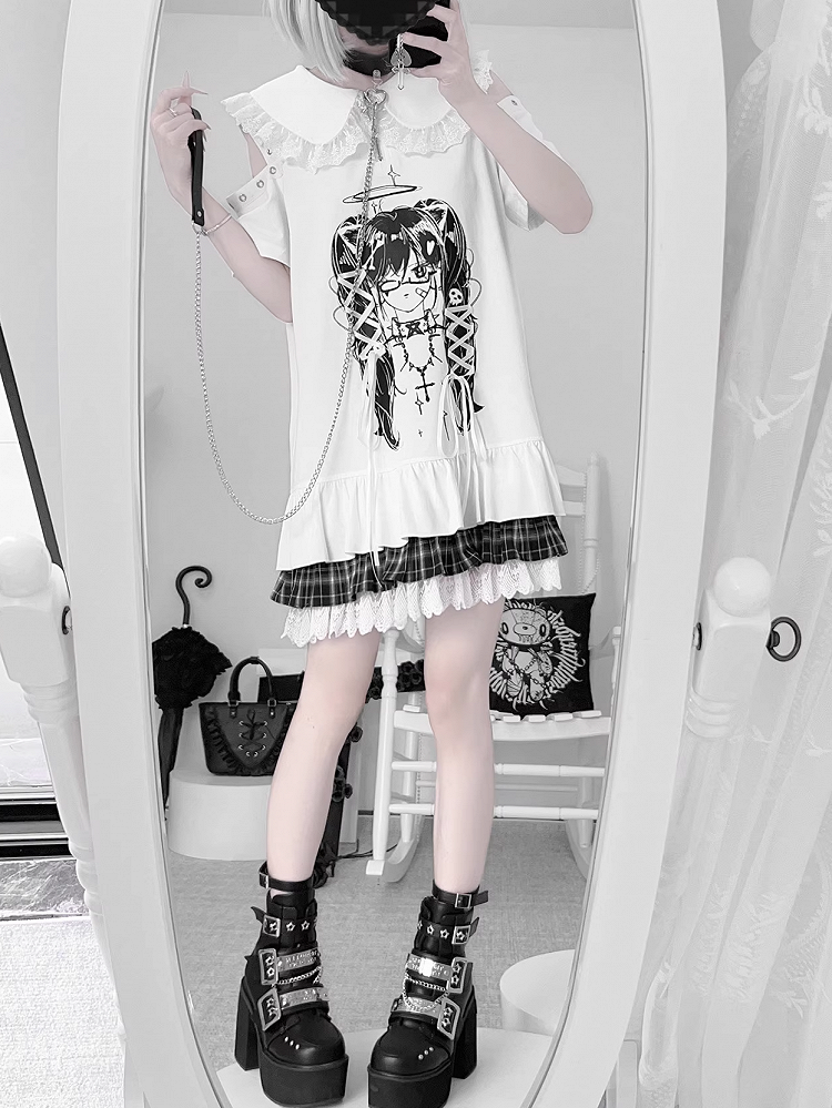 Anime Girl Print Peter Pan Collar Lace-up Details Dress Bittersweet White