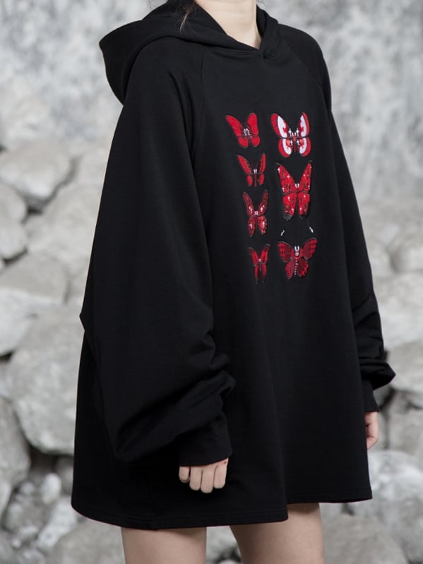 Flock Butterfly Dark Embroidery with Loose Delicate Romance Gothic Red Hoodie Black