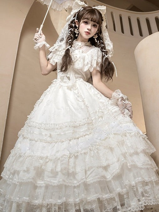 Ivory Floral Embroidered Lolita Gown with Lace Trim and Bow Train - Mademoiselle Pearl