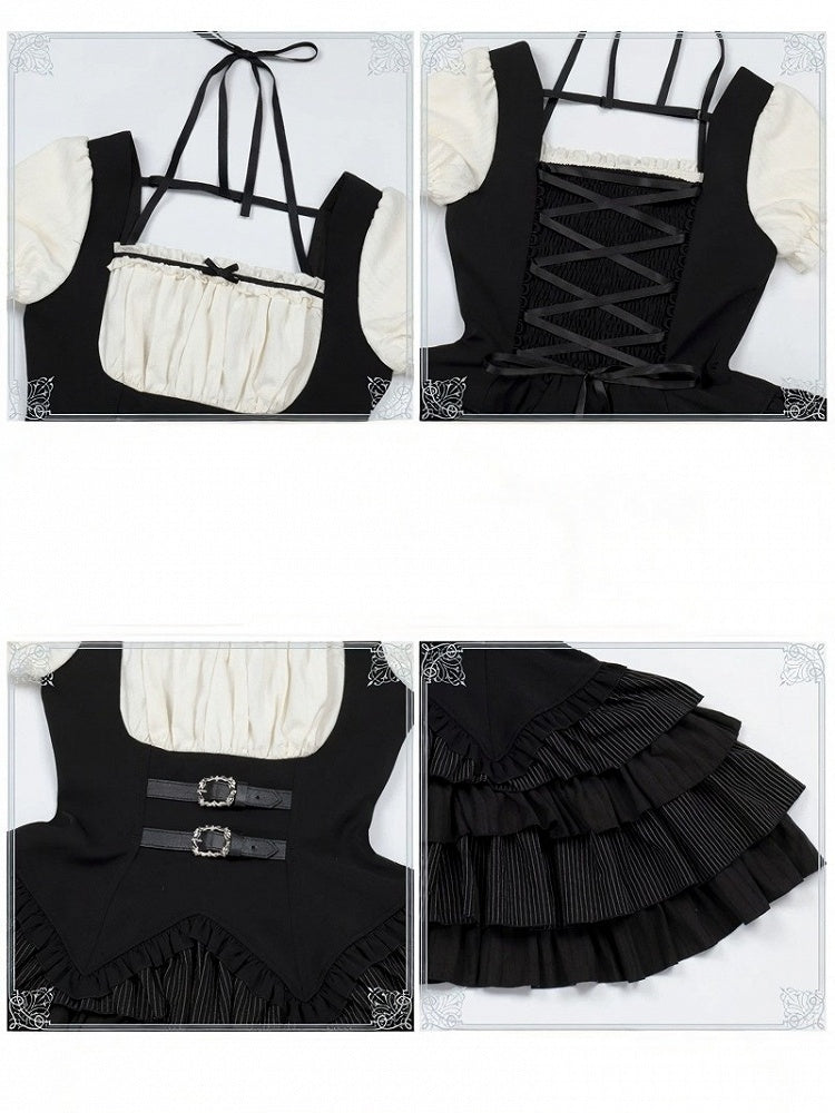 Black & White Striped Halter OP Dress with Necklace and Rabbit Hat - With PUJI