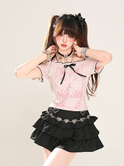Back T-Shirt Glamorous Black/Pink Cat Print Square Neck Butterfly Design
