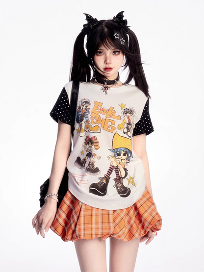 パピーオレンジチェック柄ドローストリングウエストプリントミニバブルスカート