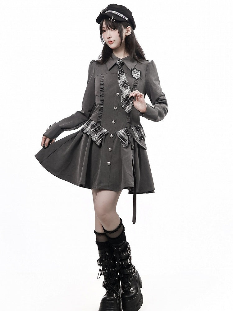 Ruffle Accent Gray Long Sleeve Preppy Dress with Plaid Tie & Shirt Collar - PINK SAVIOR