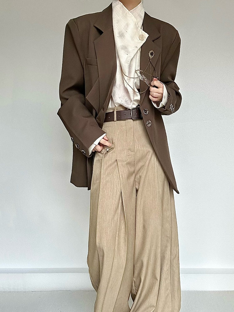 Notched Ouji Cuffs Unisex Collar Lolita Vintage Blazer with Button Coffee
