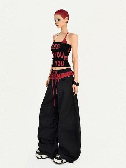 Lettered Trendy Two-Piece Set: Black  Halter Bra Red Crop Tube Top  Striped Padded