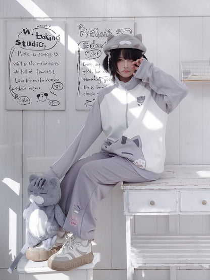 Elastic Waistband Kawaii with Grey Pants Embroidery Cat