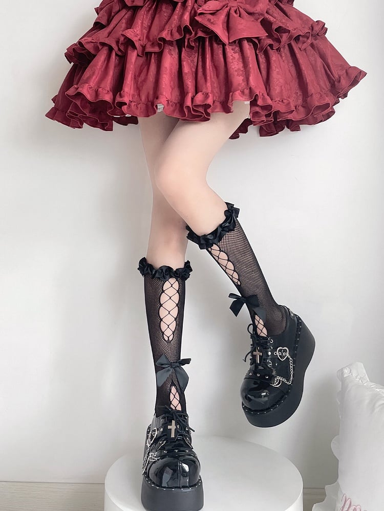 Sweet Lolita Black Semi-sheer Bow Cutout Ruffle Trim Under Knee Stockings