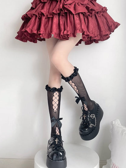 Sweet Lolita Black Semi-sheer Bow Cutout Ruffle Trim Under Knee Stockings