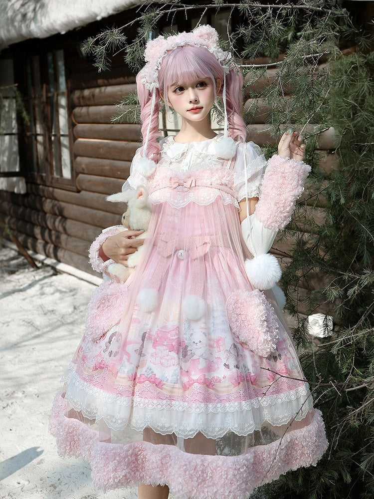 Pink Snow Theme Plush Heart Pocket Lolita Jumper Skirt Dress with Overlay - Lineall Cat