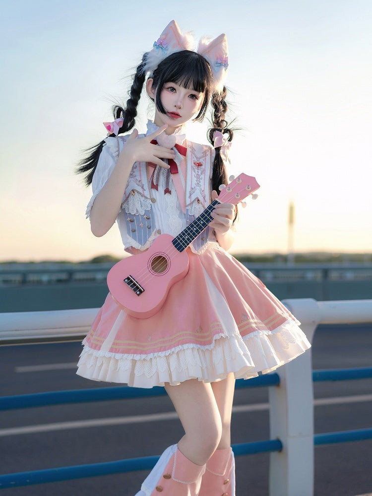 Buttons Gold-Tone Lace Trim Skirt Pink with and Waist High Lolita