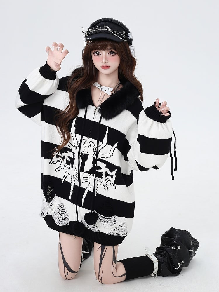 Punk Zip-up Hooded and Fur - Sweater White Removable Collar with Stripes Faux Black