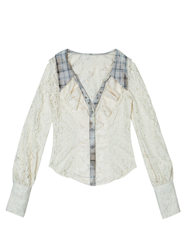 Apricot Romantic Lace Blouse Plaid Collar Punk Polo Crisscross with Lacing