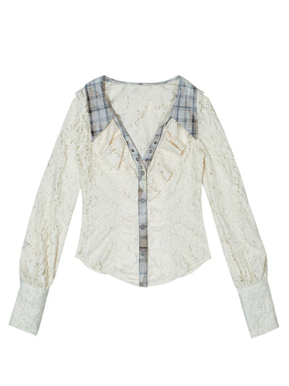 Apricot Romantic Lace Blouse Plaid Collar Punk Polo Crisscross with Lacing