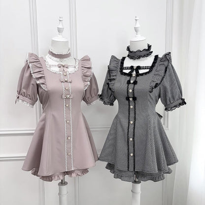 Set Jirai + Pink – Minikleid mit Flatterärmeln und Schleife am Rücken zum Binden + Shorts Kei Dusty Choker
