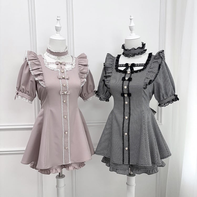 Set – Minikleid mit Flatterärmeln, Schleife hinten zum Selbstbinden + Shorts, Hahnentrittmuster, Jirai Kei + Halsband
