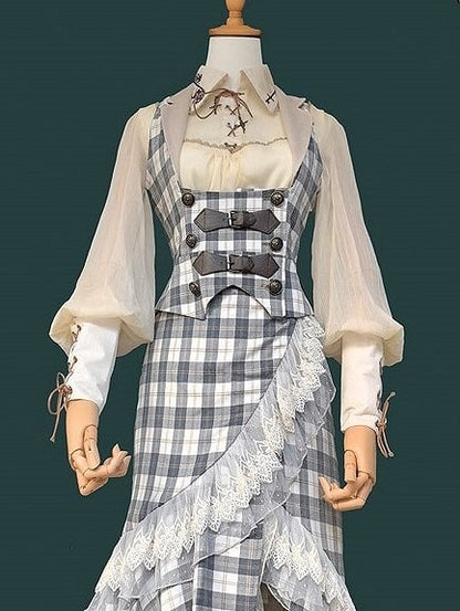 Button with Plaid Blue Details White Waistcoat Steampunk Lolita