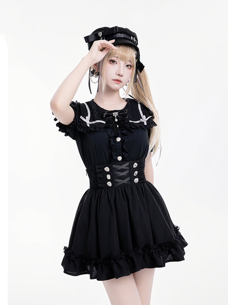 Detail Corset Hem High-Waist Kei Black with Skirt Jirai Ruffle