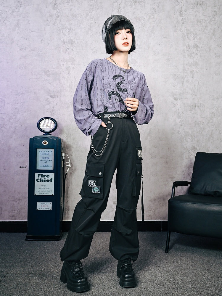 Embroidered Gothic Pockets Cheongsam Eyeball Cargo Cuffs with Black Drawstring Pants